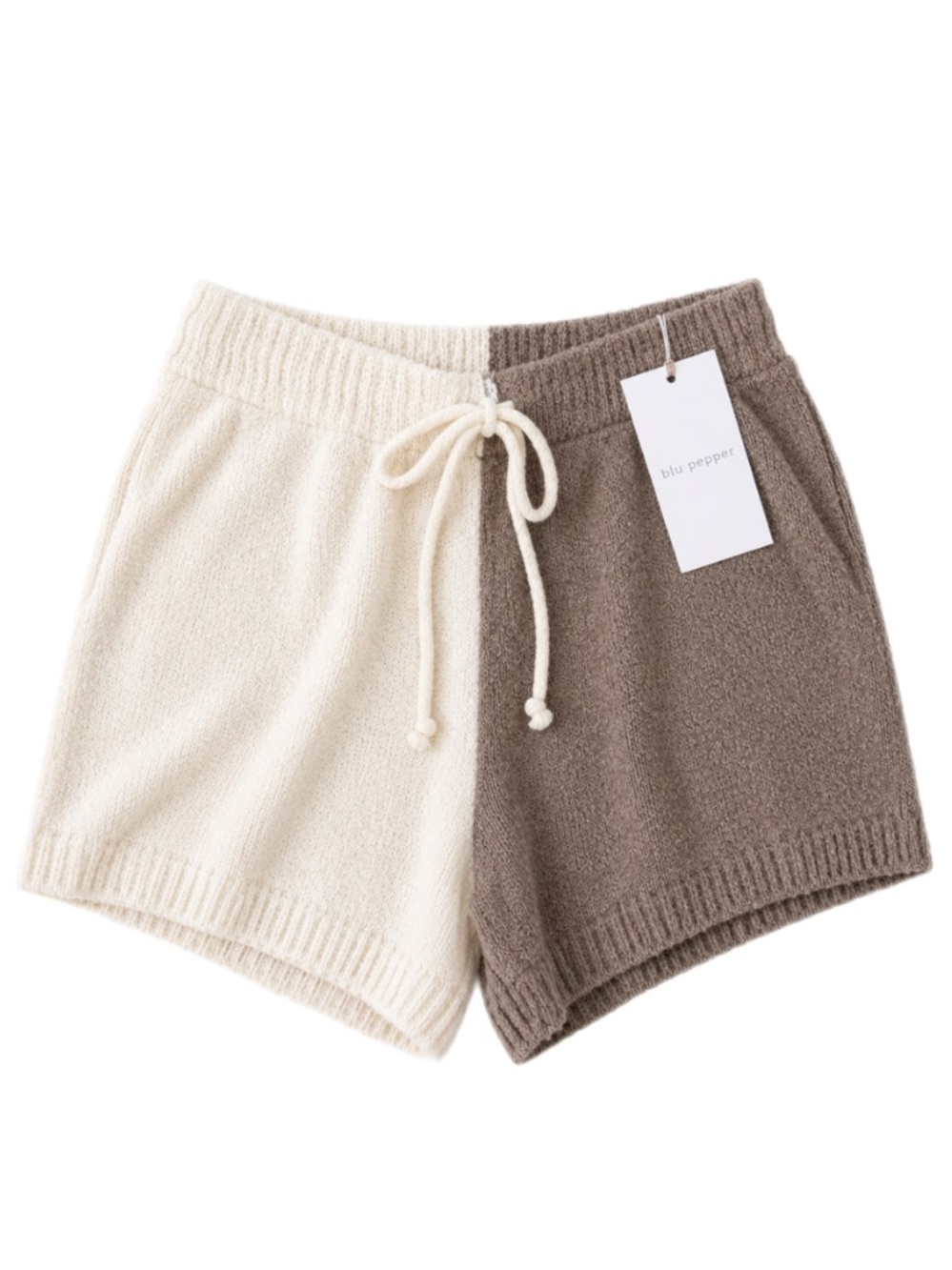 NWT Blu Pepper Colorblock Knit Lounge Shorts Cream Taupe Size M - Picture 2 of 6